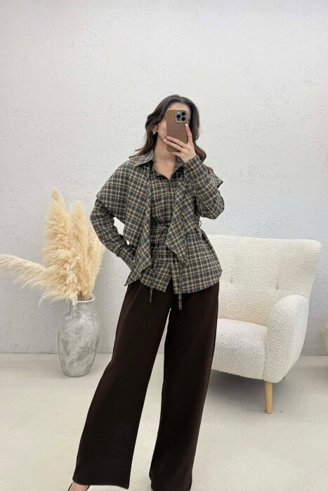 ONE COLOR PLAID WOMAN SHIRT WITH SCARF OLIVE/ULLI - KLAUDIO FASHION