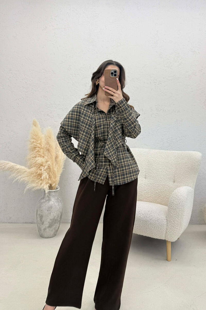 ONE COLOR PLAID WOMAN SHIRT WITH SCARF OLIVE/ULLI - 1