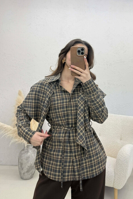 ONE COLOR PLAID WOMAN SHIRT WITH SCARF OLIVE/ULLI - 2