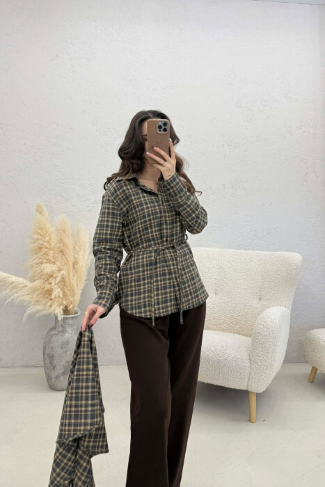 ONE COLOR PLAID WOMAN SHIRT WITH SCARF OLIVE/ULLI - 3