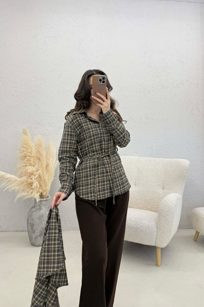 ONE COLOR PLAID WOMAN SHIRT WITH SCARF OLIVE/ULLI - 3