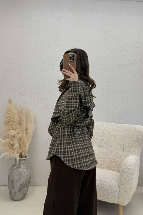 ONE COLOR PLAID WOMAN SHIRT WITH SCARF OLIVE/ULLI - 4