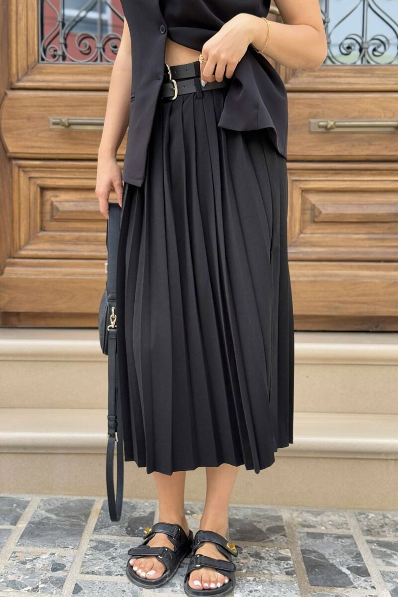 ONE COLOR PLEATED BELT DETAILS WOMEN SKIRT BLACK/ E ZEZE - 4
