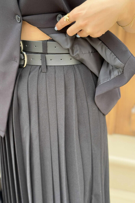 ONE COLOR PLEATED BELT DETAILS WOMEN SKIRT BLACK/ E ZEZE - 5