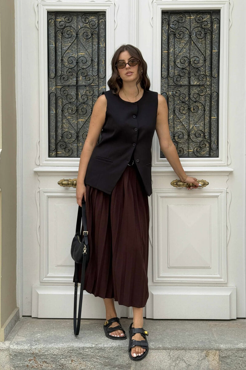 ONE COLOR PLEATED BELT DETAILS WOMEN SKIRT BROWN/KAFE - 5