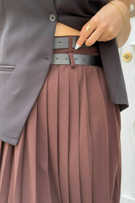 ONE COLOR PLEATED BELT DETAILS WOMEN SKIRT BROWN/KAFE - 9