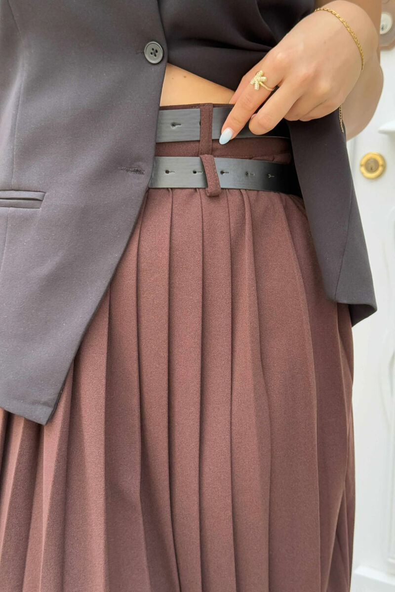 ONE COLOR PLEATED BELT DETAILS WOMEN SKIRT BROWN/KAFE - 9