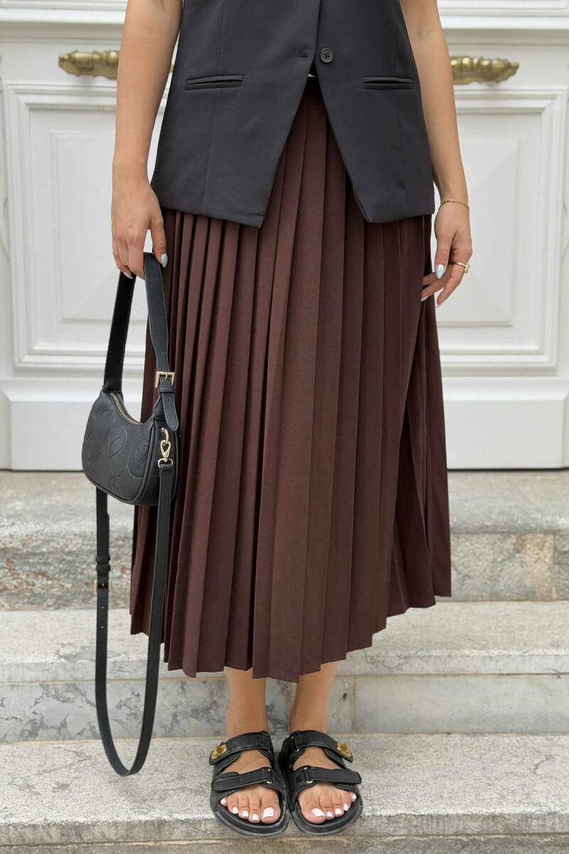 ONE COLOR PLEATED BELT DETAILS WOMEN SKIRT BROWN/KAFE - 8