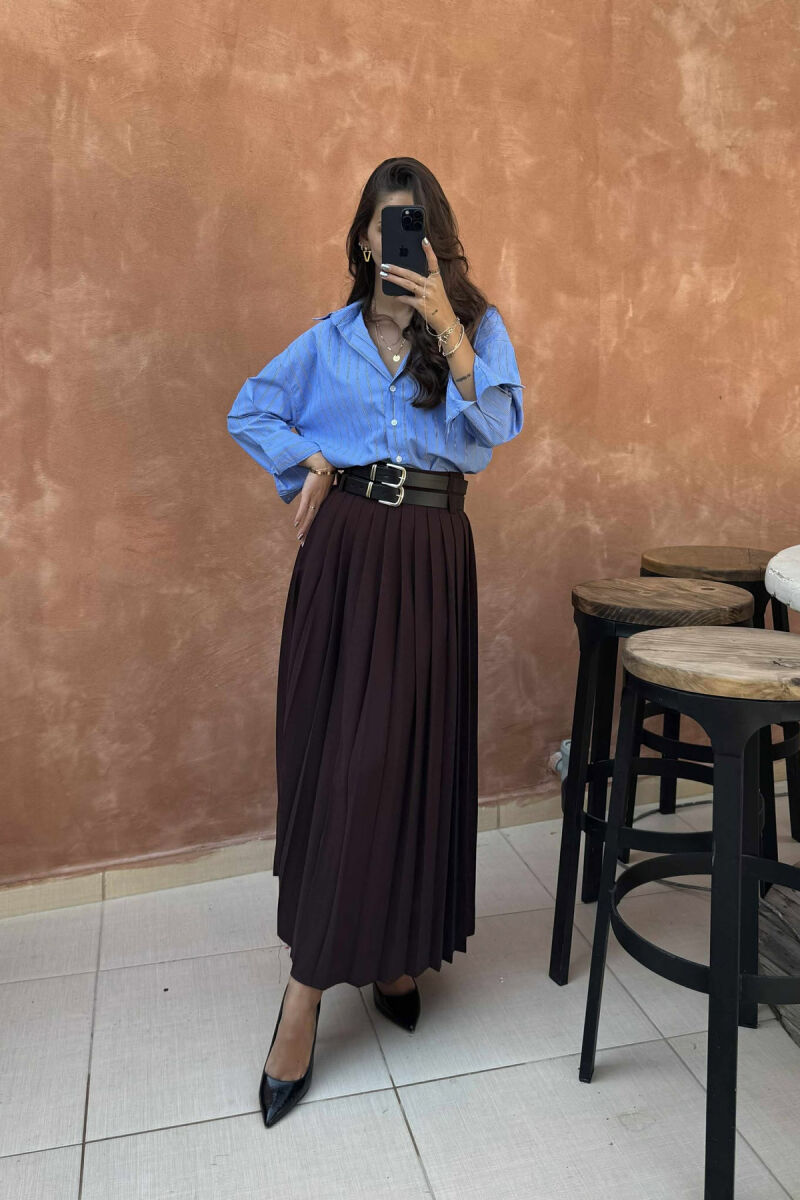 ONE COLOR PLEATED BELT DETAILS WOMEN SKIRT BROWN/KAFE - 2