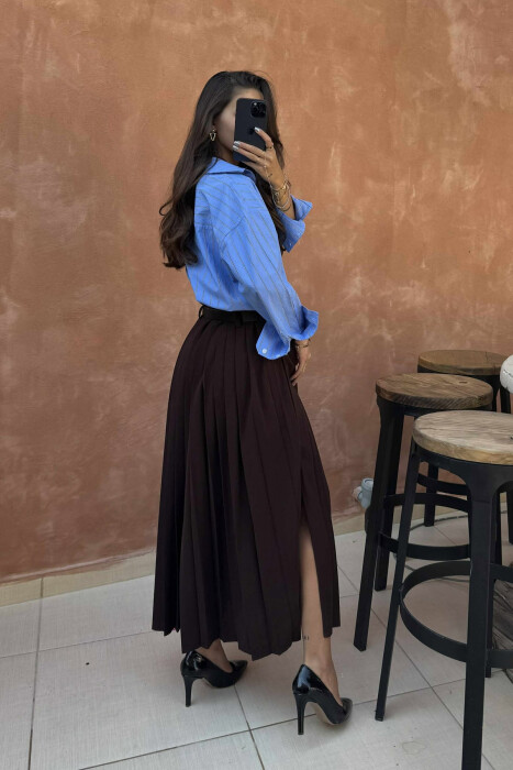 ONE COLOR PLEATED BELT DETAILS WOMEN SKIRT BROWN/KAFE - 3