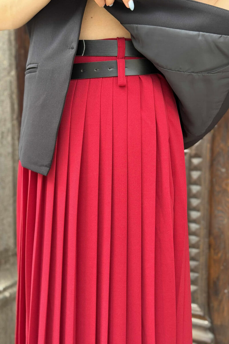 ONE COLOR PLEATED BELT DETAILS WOMEN SKIRT BURGUNDY/VISHNJE - 12