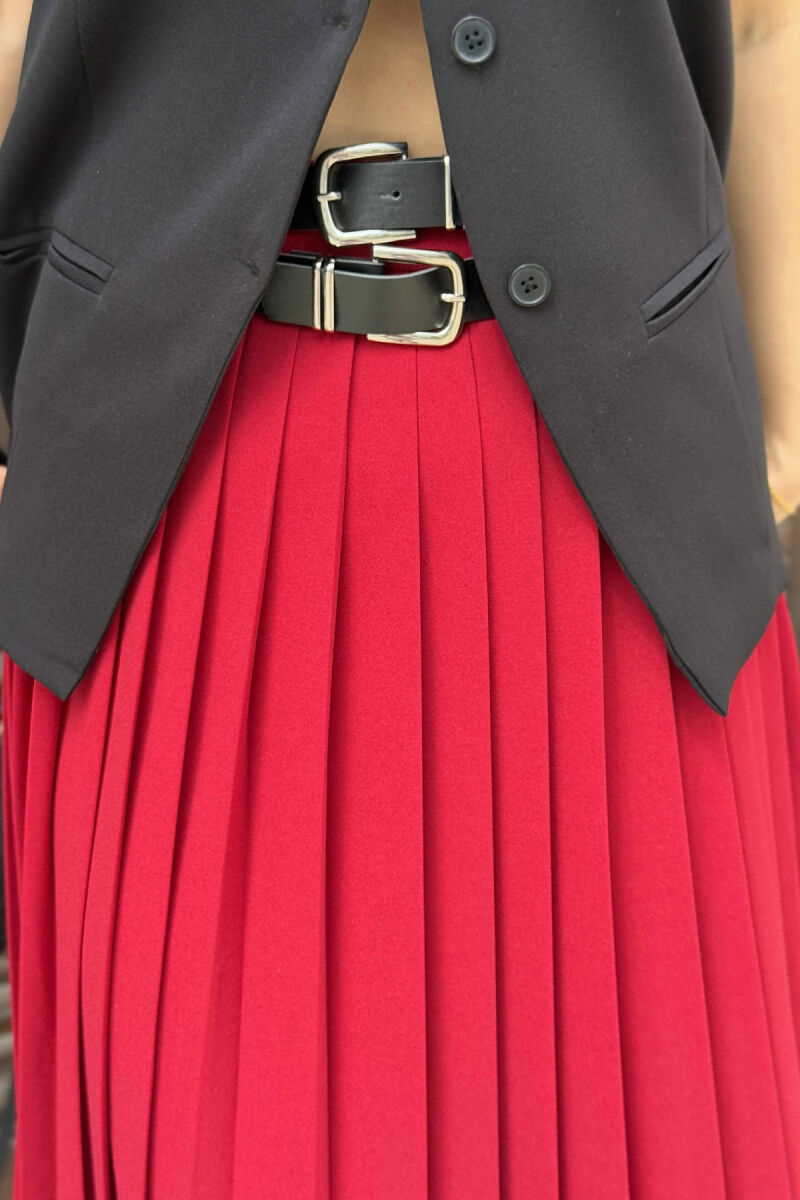 ONE COLOR PLEATED BELT DETAILS WOMEN SKIRT BURGUNDY/VISHNJE - 11