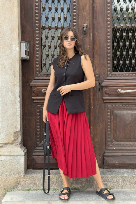 ONE COLOR PLEATED BELT DETAILS WOMEN SKIRT BURGUNDY/VISHNJE - 7