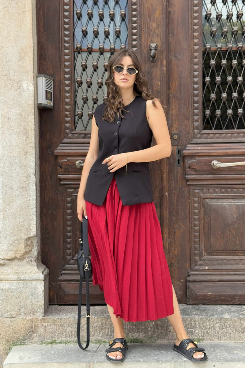 ONE COLOR PLEATED BELT DETAILS WOMEN SKIRT BURGUNDY/VISHNJE - 7