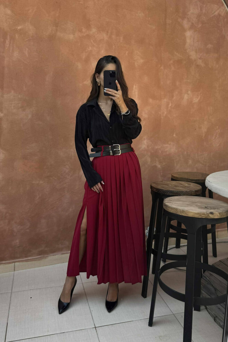 ONE COLOR PLEATED BELT DETAILS WOMEN SKIRT BURGUNDY/VISHNJE - 1