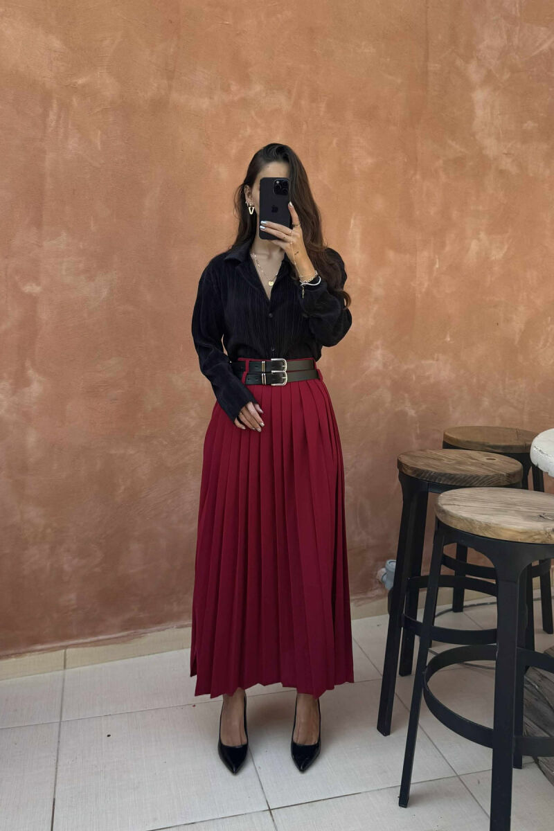 ONE COLOR PLEATED BELT DETAILS WOMEN SKIRT BURGUNDY/VISHNJE - 2