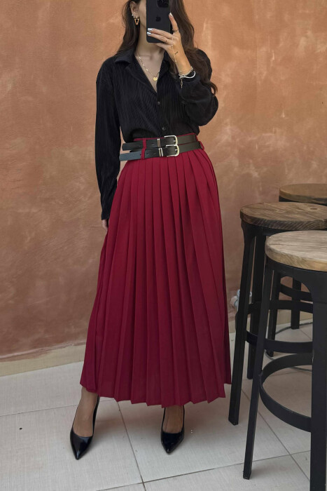 ONE COLOR PLEATED BELT DETAILS WOMEN SKIRT BURGUNDY/VISHNJE - 3