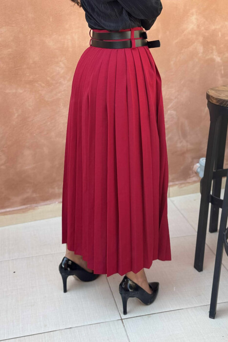 ONE COLOR PLEATED BELT DETAILS WOMEN SKIRT BURGUNDY/VISHNJE - 4