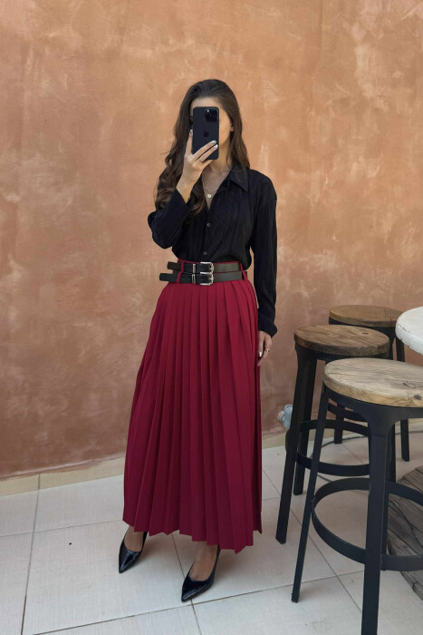 ONE COLOR PLEATED BELT DETAILS WOMEN SKIRT BURGUNDY/VISHNJE - 5