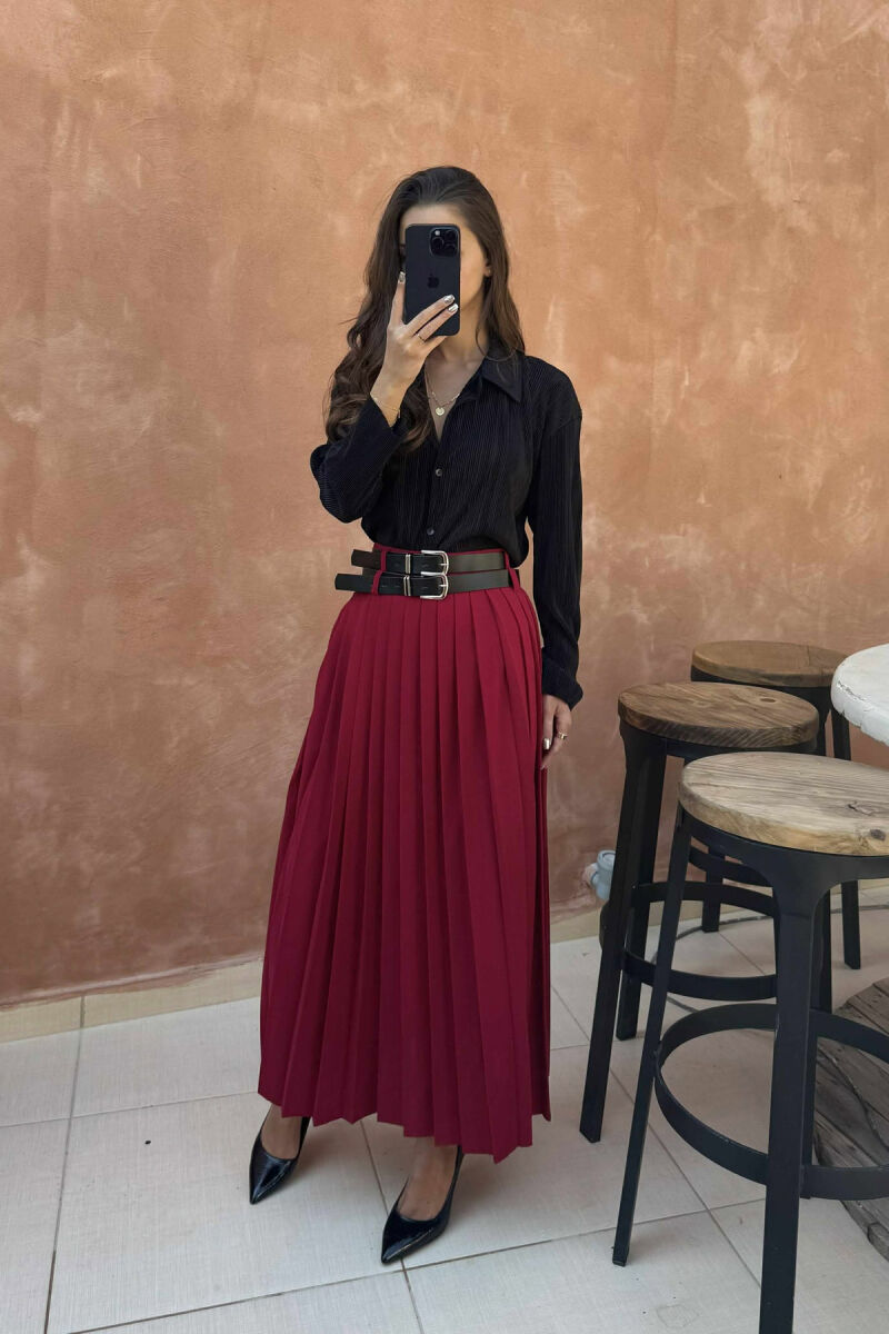 ONE COLOR PLEATED BELT DETAILS WOMEN SKIRT BURGUNDY/VISHNJE - 5