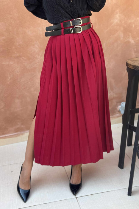 ONE COLOR PLEATED BELT DETAILS WOMEN SKIRT BURGUNDY/VISHNJE - 6