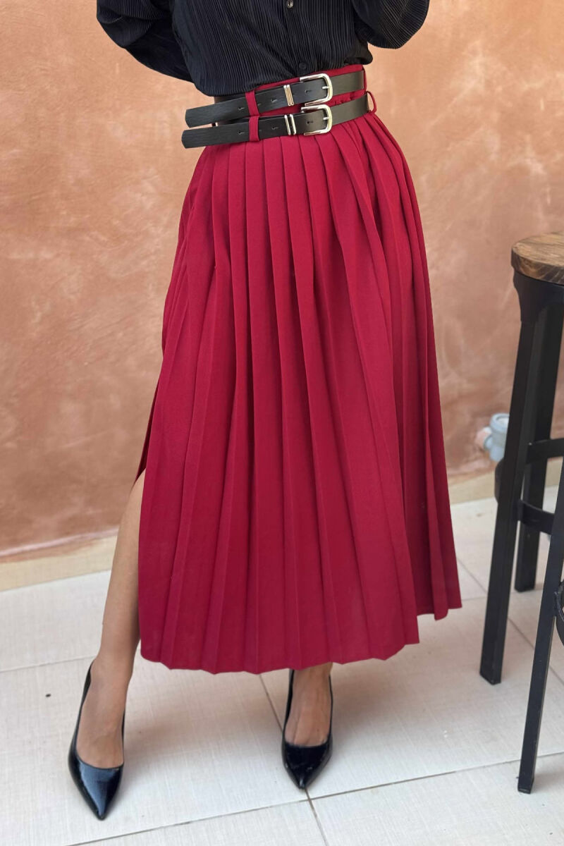 ONE COLOR PLEATED BELT DETAILS WOMEN SKIRT BURGUNDY/VISHNJE - 6