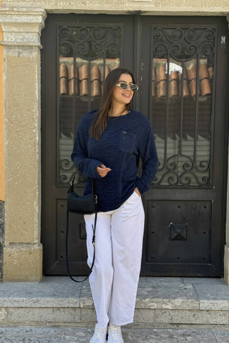 ONE COLOR POCKET DETAIL WOMEN SWEATER BLUE/BLU - 1