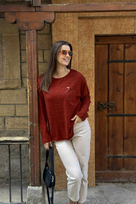 ONE COLOR POCKET DETAIL WOMEN SWEATER BRICK/TULLE 