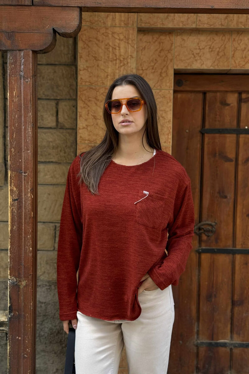 ONE COLOR POCKET DETAIL WOMEN SWEATER BRICK/TULLE - 2