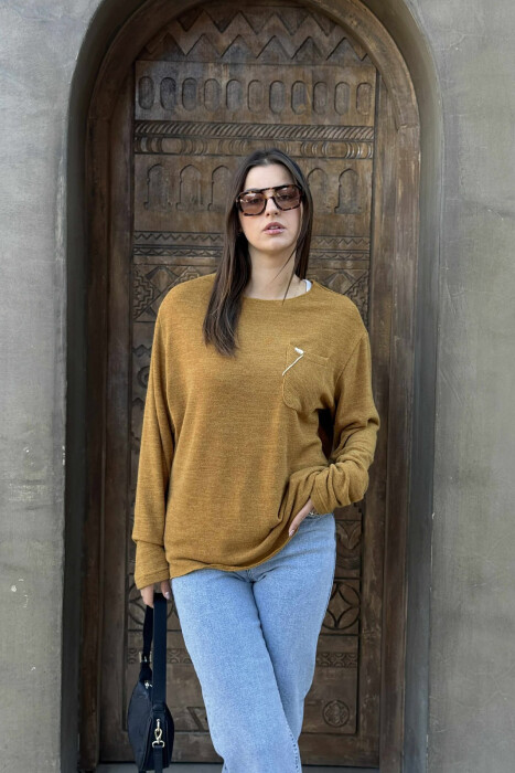 ONE COLOR POCKET DETAIL WOMEN SWEATER MUSTARD/MUSTARDE 