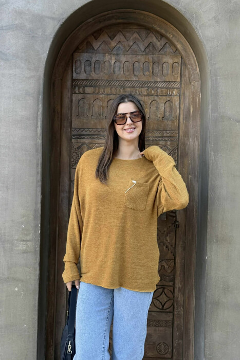 ONE COLOR POCKET DETAIL WOMEN SWEATER MUSTARD/MUSTARDE - 2