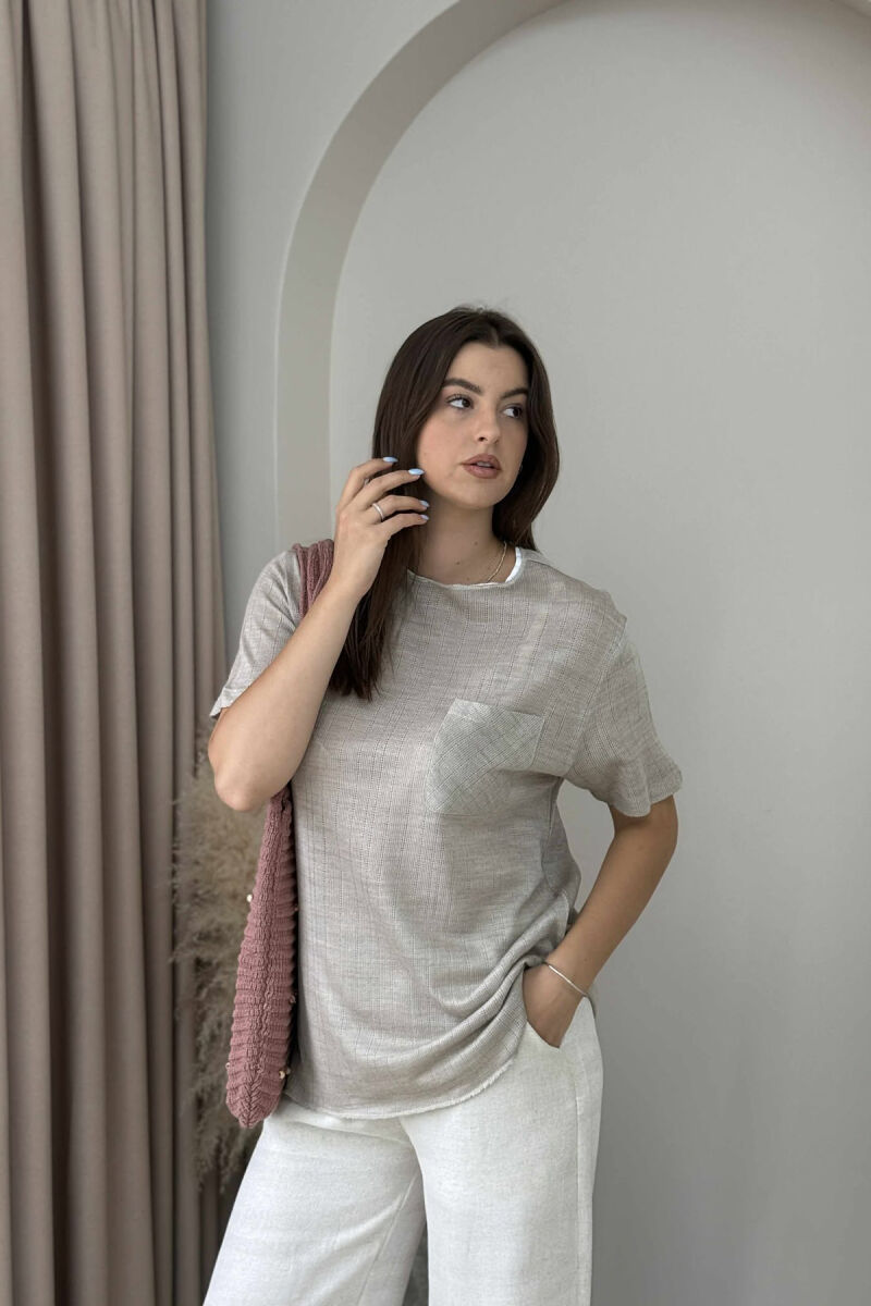 ONE COLOR POCKET DETAIL WOMEN T-SHIRT BEIGE/BEZHE - 1