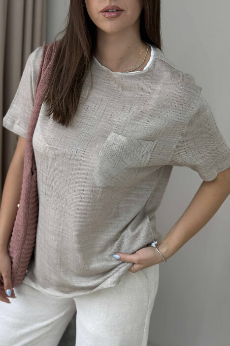 ONE COLOR POCKET DETAIL WOMEN T-SHIRT BEIGE/BEZHE - 2