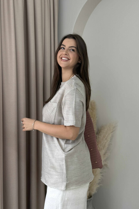 ONE COLOR POCKET DETAIL WOMEN T-SHIRT BEIGE/BEZHE - 3