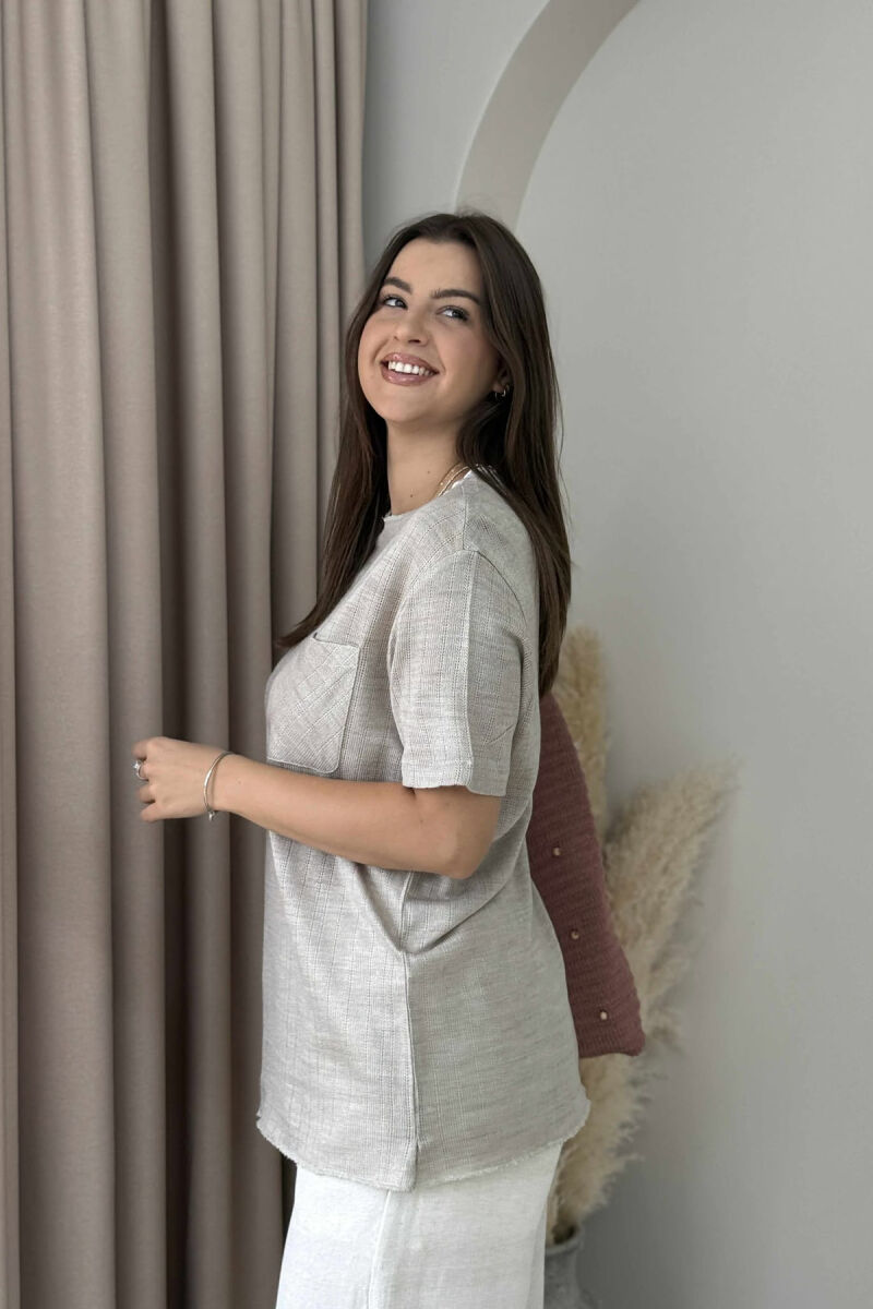 ONE COLOR POCKET DETAIL WOMEN T-SHIRT BEIGE/BEZHE - 3