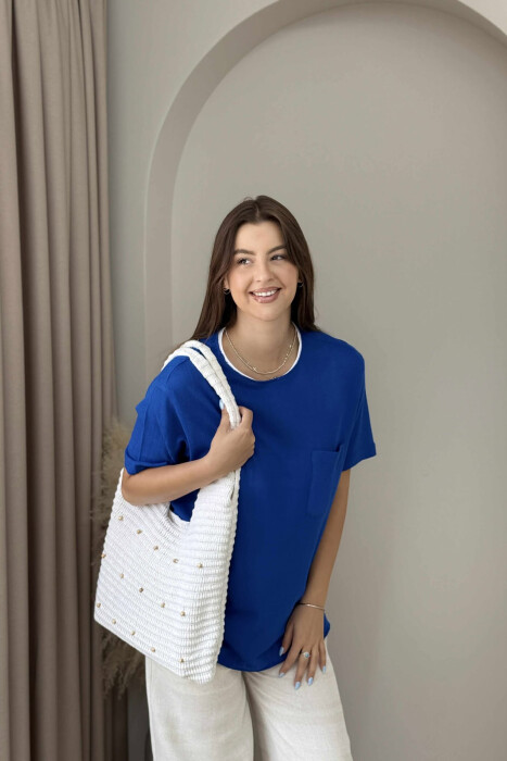 ONE COLOR POCKET DETAIL WOMEN T-SHIRT BLUE/BLU - KLAUDIO FASHION