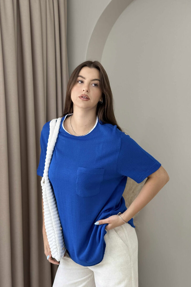 ONE COLOR POCKET DETAIL WOMEN T-SHIRT BLUE/BLU - 4