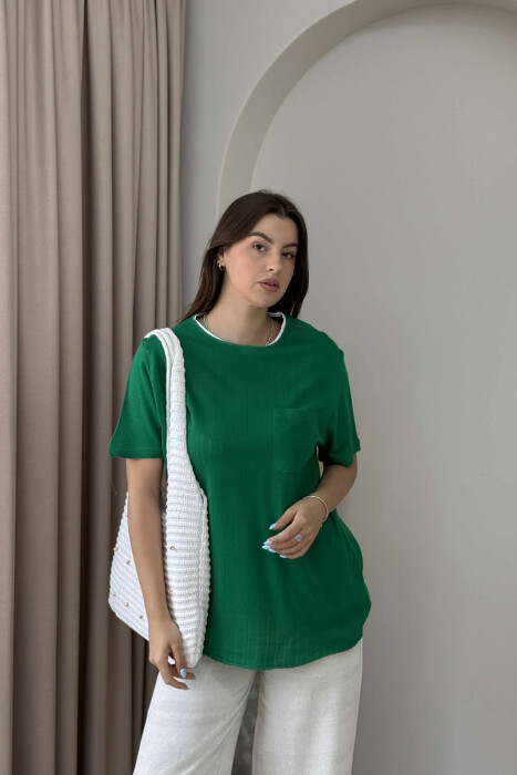 ONE COLOR POCKET DETAIL WOMEN T-SHIRT GREEN/JESHILE - 1