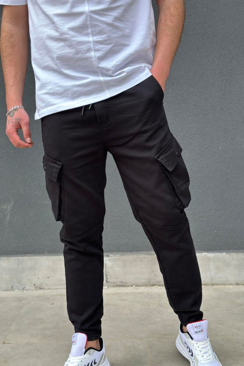 ONE COLOR POCKET MEN CARGO PANTS BLACK/ E ZEZE - 4