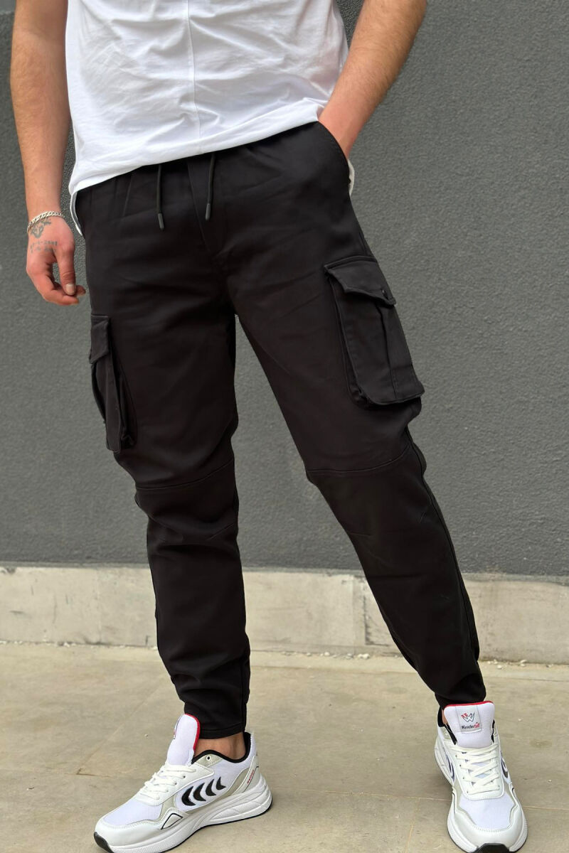 ONE COLOR POCKET MEN CARGO PANTS BLACK/ E ZEZE - 1