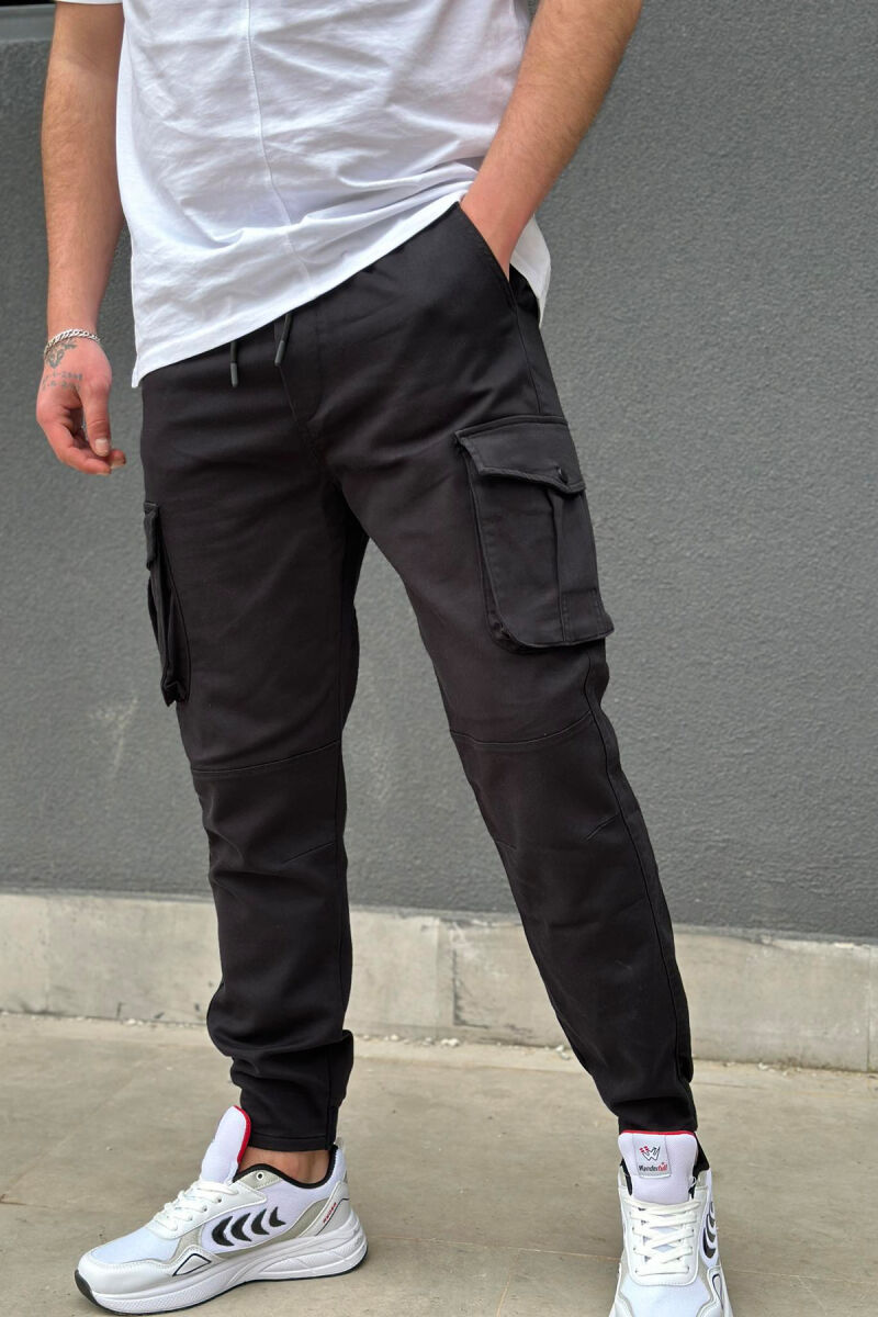 ONE COLOR POCKET MEN CARGO PANTS BLACK/ E ZEZE - 2