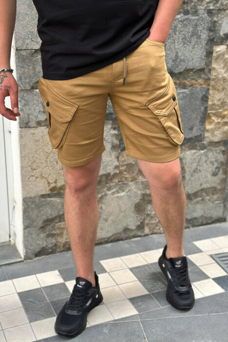 ONE COLOR POCKET MEN CARGO SHORTS DARK BEIGE/BEZHE ERRET - KLAUDIO FASHION