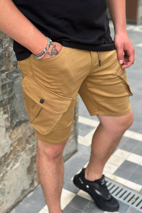 ONE COLOR POCKET MEN CARGO SHORTS DARK BEIGE/BEZHE ERRET - 4