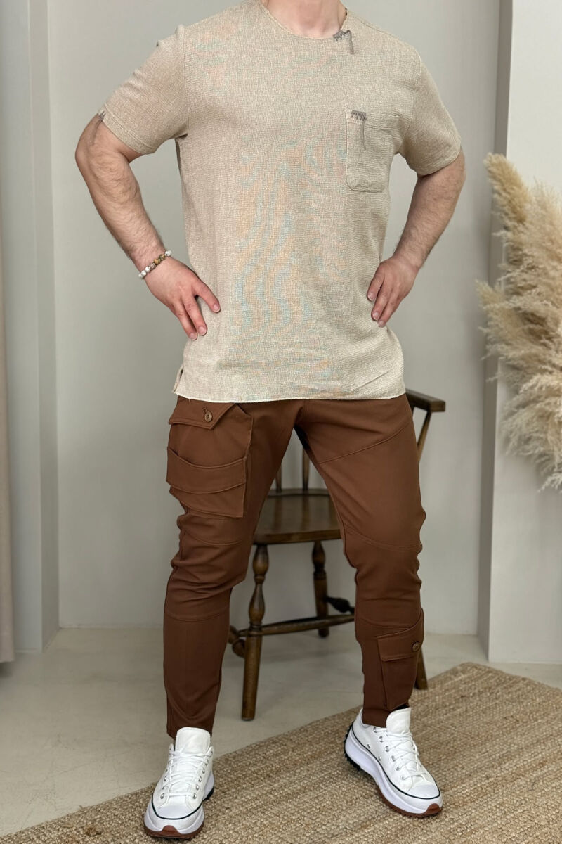 ONE COLOR POCKETS DETAIL MEN PANTS BROWN/KAFE - 1