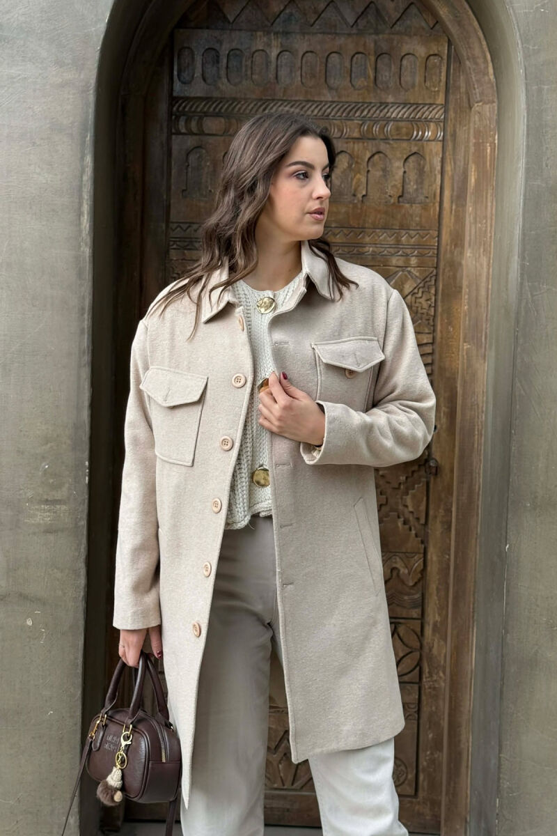 ONE COLOR POCKETS DETAILS WOMEN COAT BEIGE/BEZHE - 2