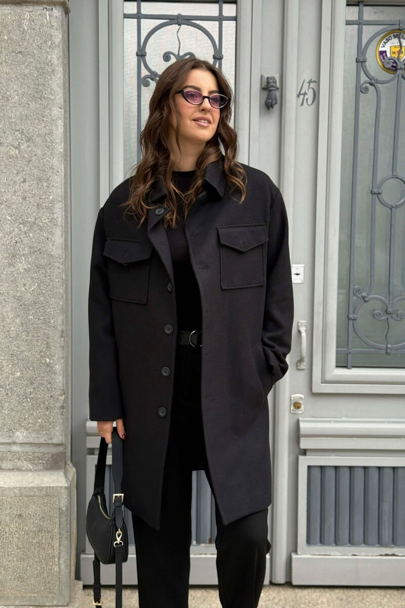 ONE COLOR POCKETS DETAILS WOMEN COAT BLACK/ E ZEZE - 2