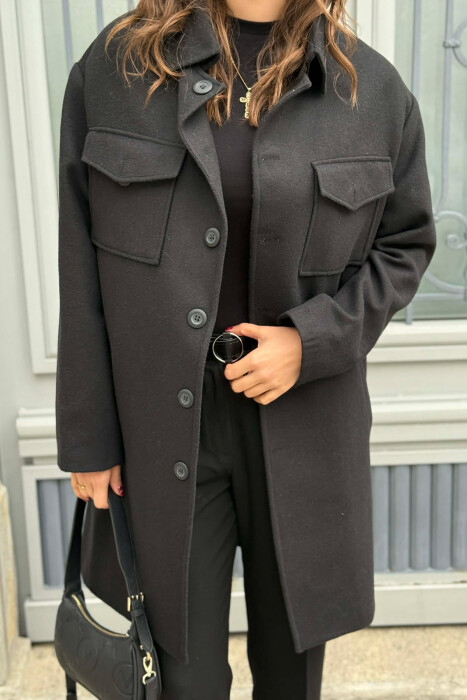 ONE COLOR POCKETS DETAILS WOMEN COAT BLACK/ E ZEZE - 4