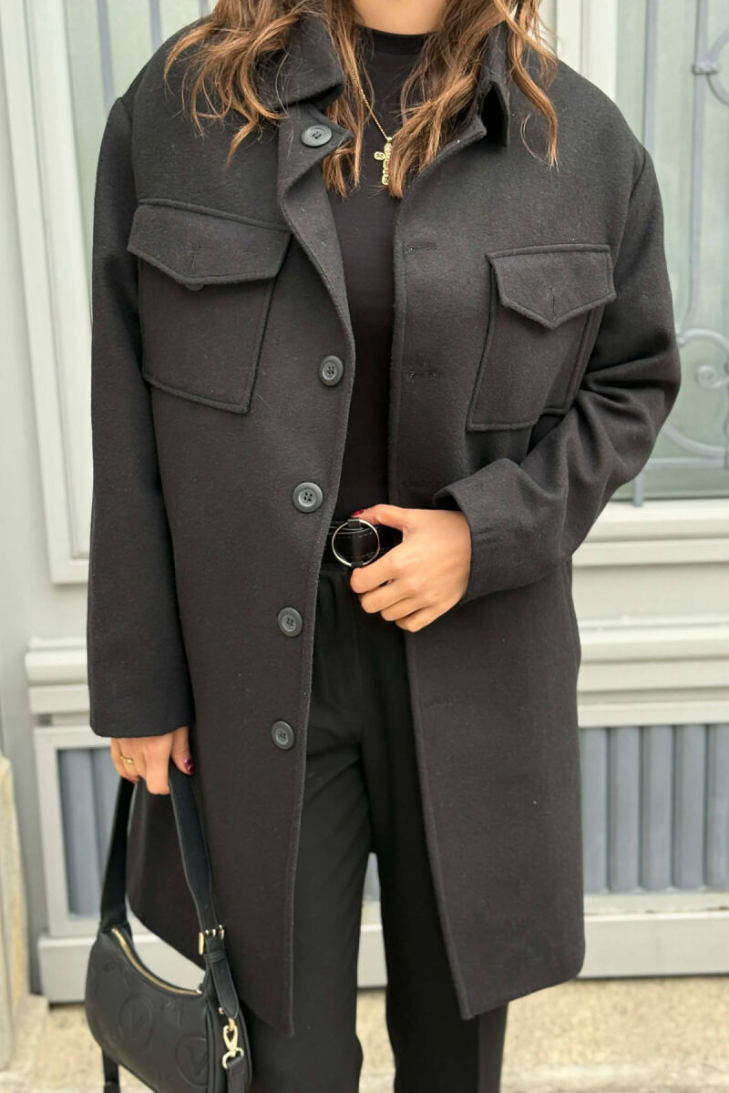 ONE COLOR POCKETS DETAILS WOMEN COAT BLACK/ E ZEZE - 4