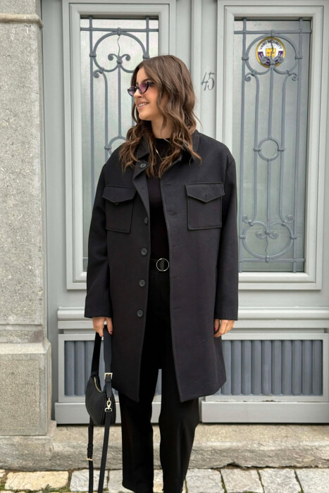 ONE COLOR POCKETS DETAILS WOMEN COAT BLACK/ E ZEZE 