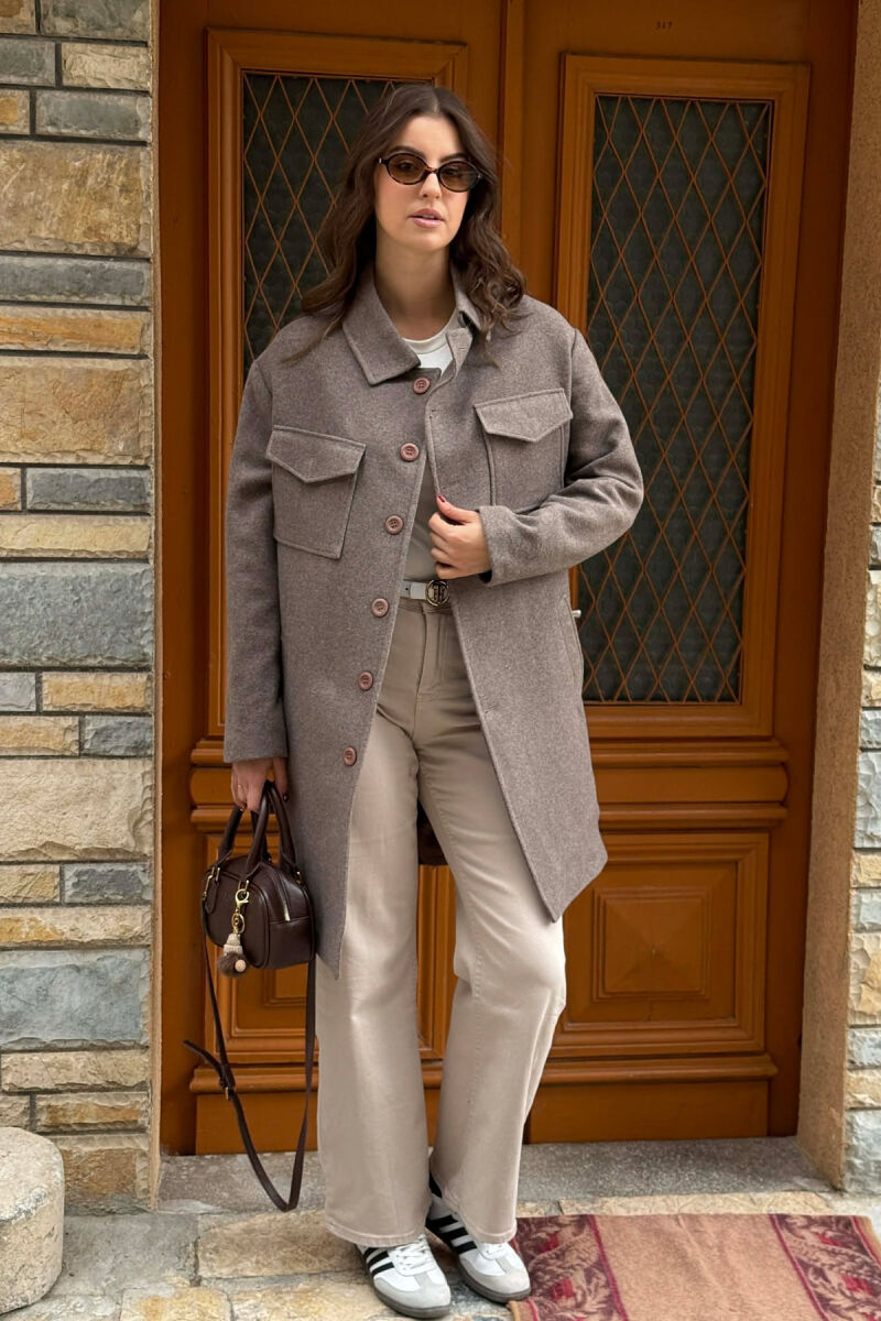 ONE COLOR POCKETS DETAILS WOMEN COAT BROWN/KAFE - 1